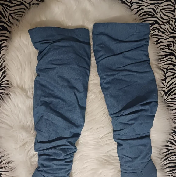 Forever 21 Women pointed toe Denim knee high stiletto boots - Picture 3 of 16